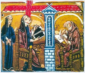 Hildegard of Bingen relating her visions to a writing monk